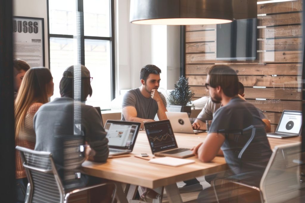 Young entrepreneurs gather around a wooden table in a modern industrial style office